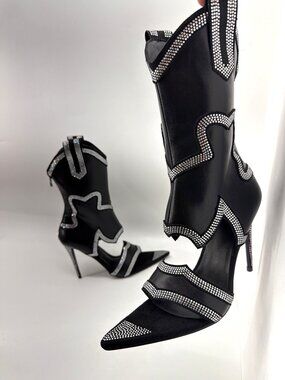 Black Rhinestone Embellished Open Toe Stiletto Heels Boots Size 8
